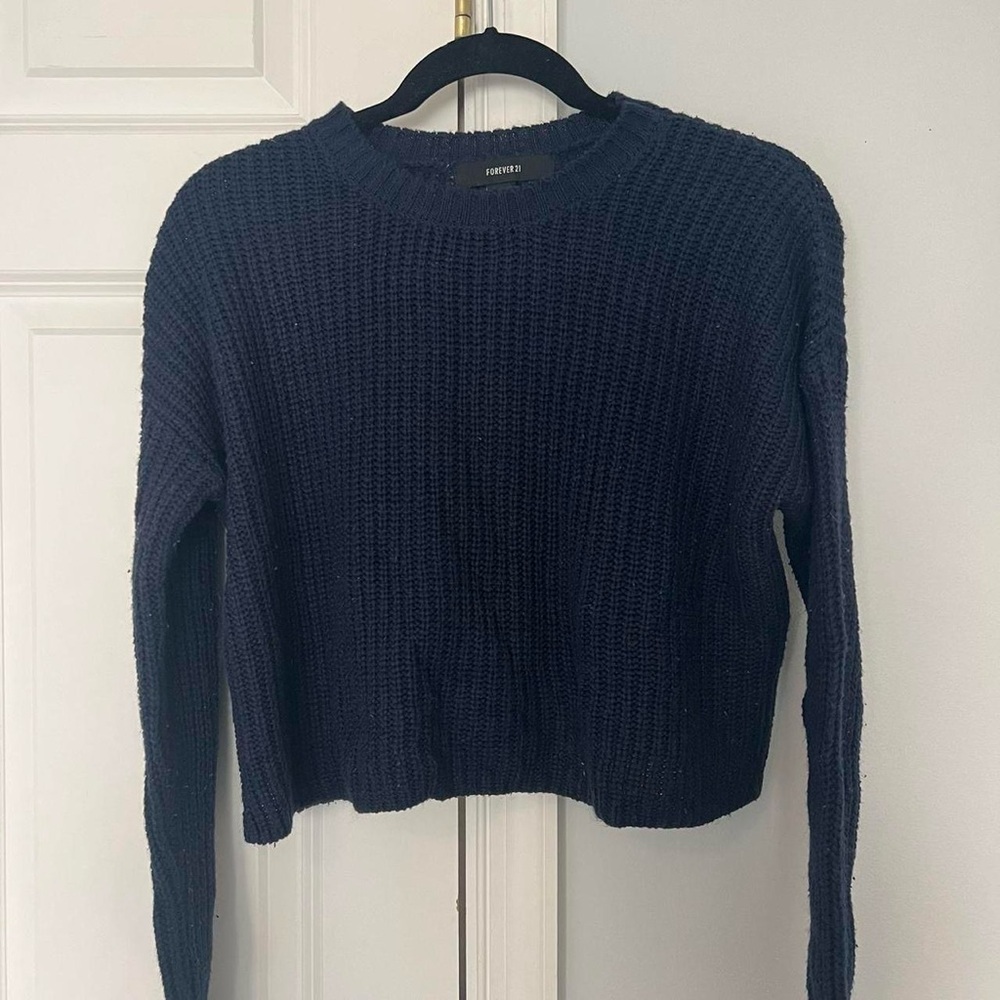Navy Blue Knit Cropped Sweater